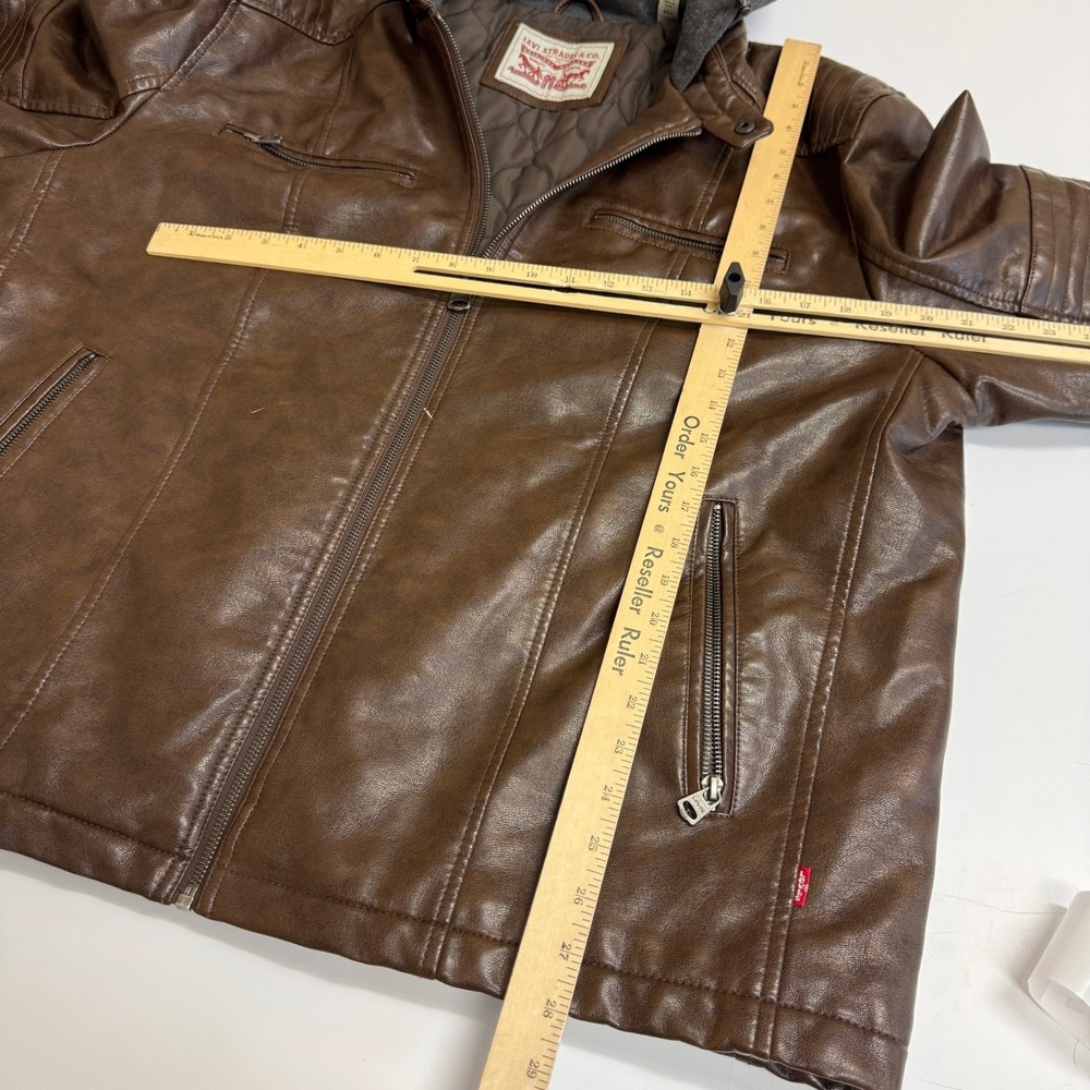 Levis Jacket Mens XXL Brown Faux Leather Hooded Moto Biker Rugged Racer - Picture 10 of 13
